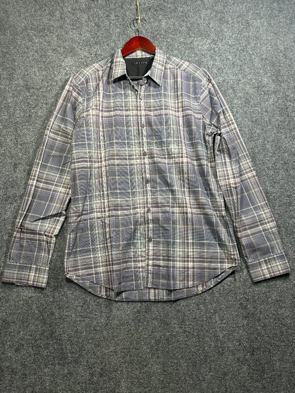 Theory Shirt Mens Large Gray Plaid Cotton Long Sleeve Button Up Long Sleeve